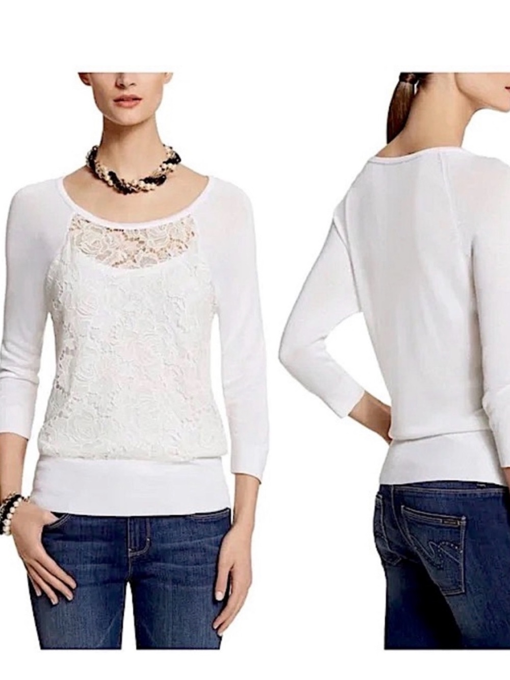 White House Black Market White Lace-Front Raglan Top
